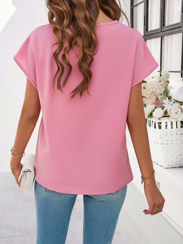 Women's casual solid color V - neck short - sleeved shirt - Top
