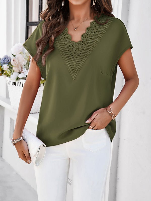 Women's casual solid color V - neck short - sleeved shirt - Top