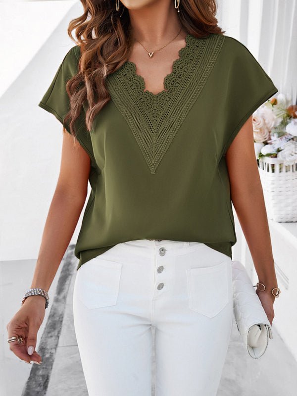 Women's casual solid color V - neck short - sleeved shirt - Top