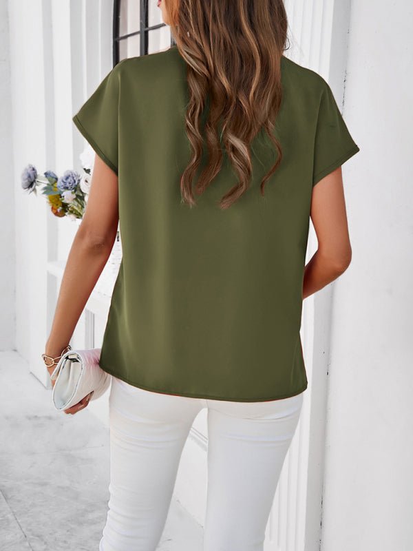 Women's casual solid color V - neck short - sleeved shirt - Top
