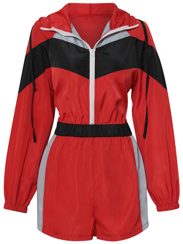 Women's Casual Splicing Contrast Color Zipper One - Piece Shorts - Jumpsuit