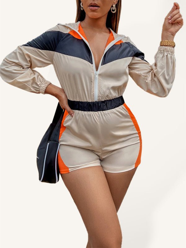 Women's Casual Splicing Contrast Color Zipper One - Piece Shorts - Jumpsuit
