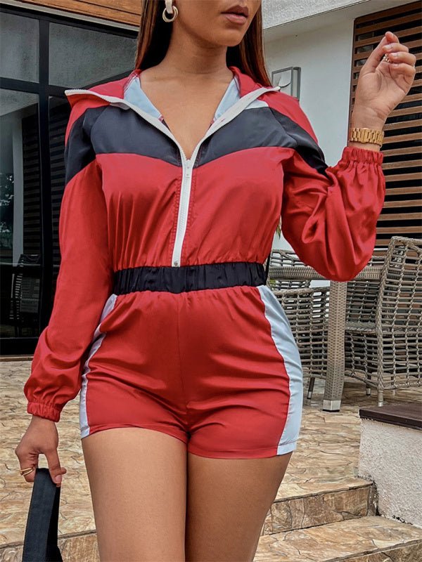 Women's Casual Splicing Contrast Color Zipper One - Piece Shorts - Jumpsuit