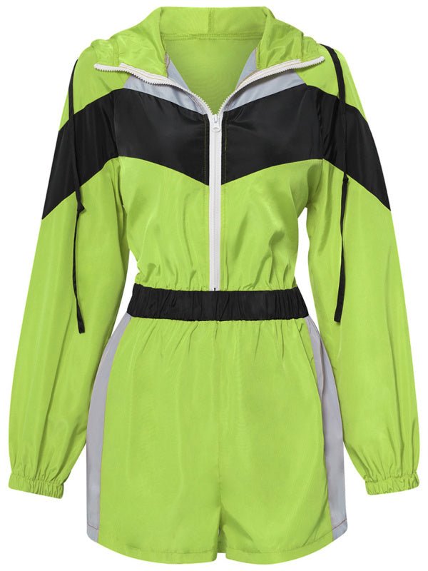 Women's Casual Splicing Contrast Color Zipper One - Piece Shorts - Jumpsuit
