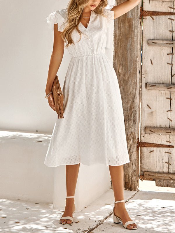 Women's clothing European and American solid color V - neck waist fresh wind dress for women - Formal Dress