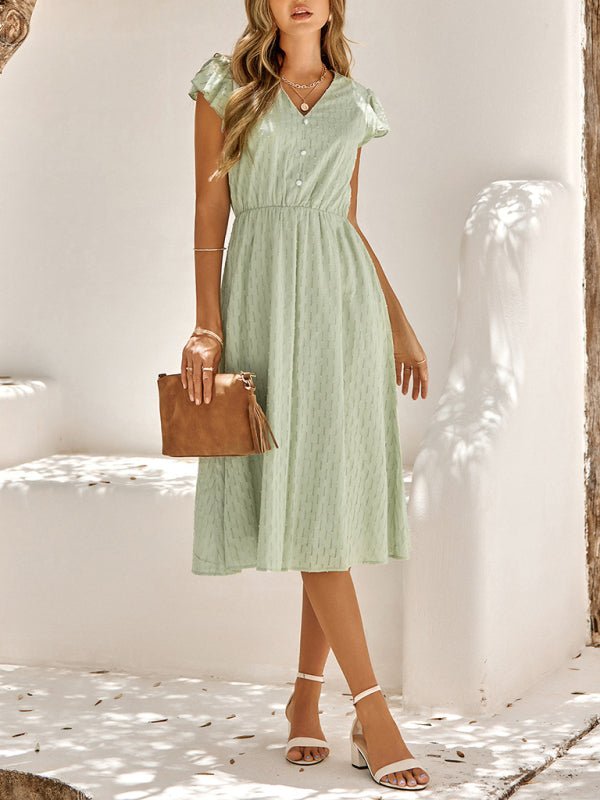 Women's clothing European and American solid color V - neck waist fresh wind dress for women - Formal Dress