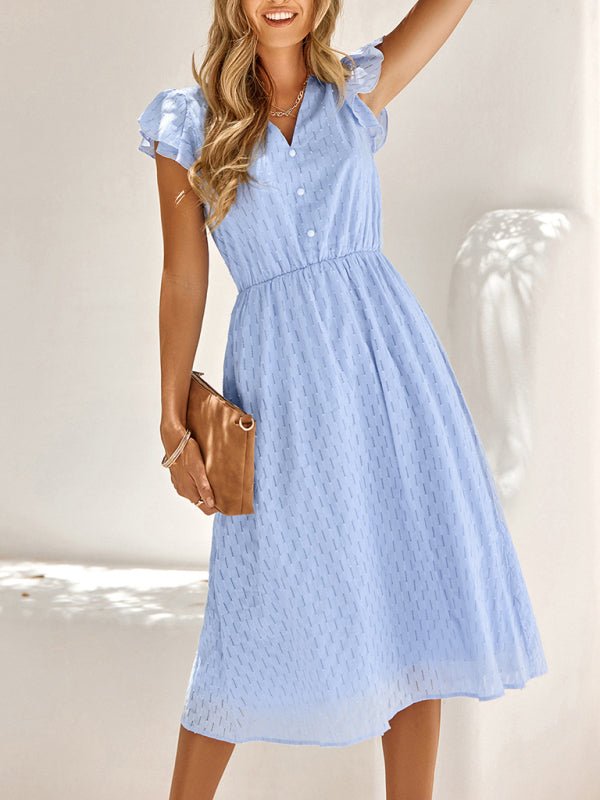 Women's clothing European and American solid color V - neck waist fresh wind dress for women - Formal Dress