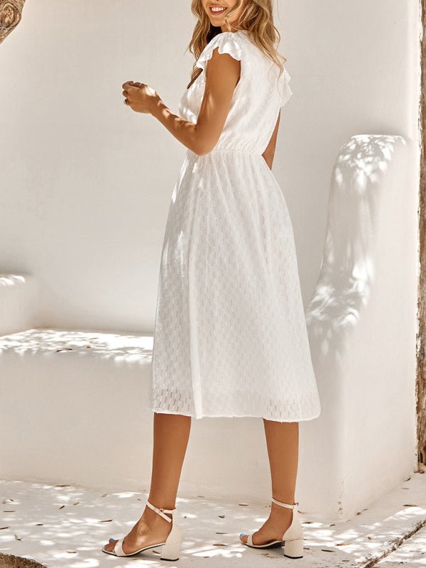 Women's clothing European and American solid color V - neck waist fresh wind dress for women - Formal Dress