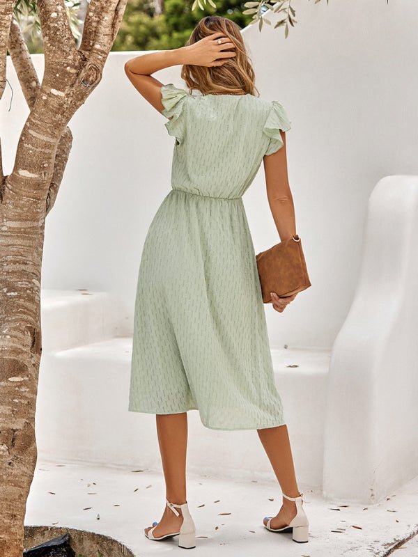 Women's clothing European and American solid color V - neck waist fresh wind dress for women - Formal Dress