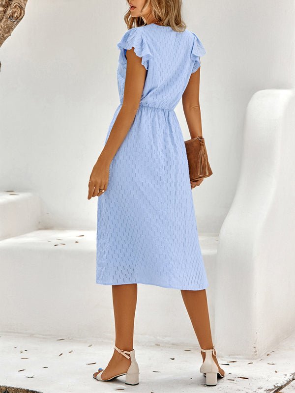 Women's clothing European and American solid color V - neck waist fresh wind dress for women - Formal Dress
