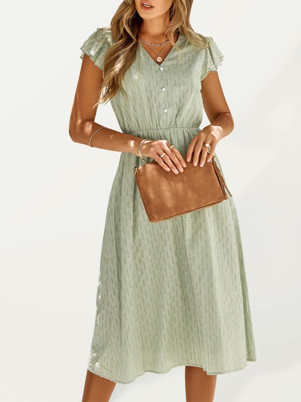 Women's clothing European and American solid color V - neck waist fresh wind dress for women - Formal Dress