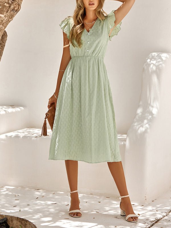 Women's clothing European and American solid color V - neck waist fresh wind dress for women - Formal Dress