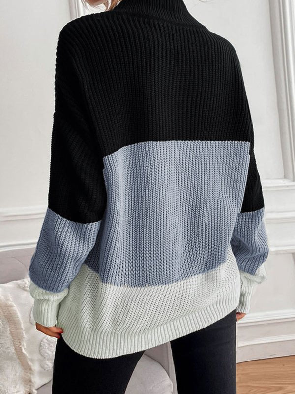 women's color block long sleeve turtleneck sweater women's fashion - Outerwear