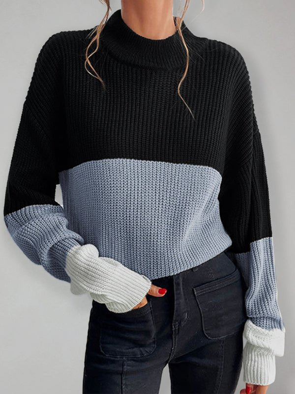 women's color block long sleeve turtleneck sweater women's fashion - Outerwear