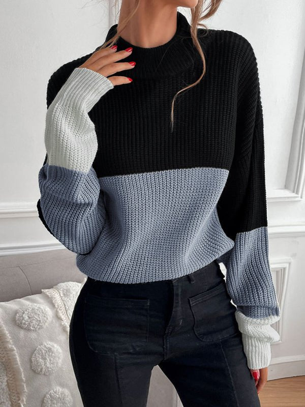 women's color block long sleeve turtleneck sweater women's fashion - Outerwear
