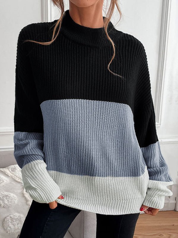 women's color block long sleeve turtleneck sweater women's fashion - Outerwear
