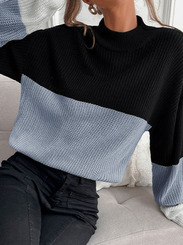 women's color block long sleeve turtleneck sweater women's fashion - Outerwear