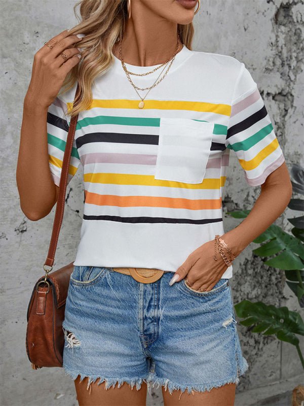 Women's Color Striped Short Sleeve T-Shirt - Top