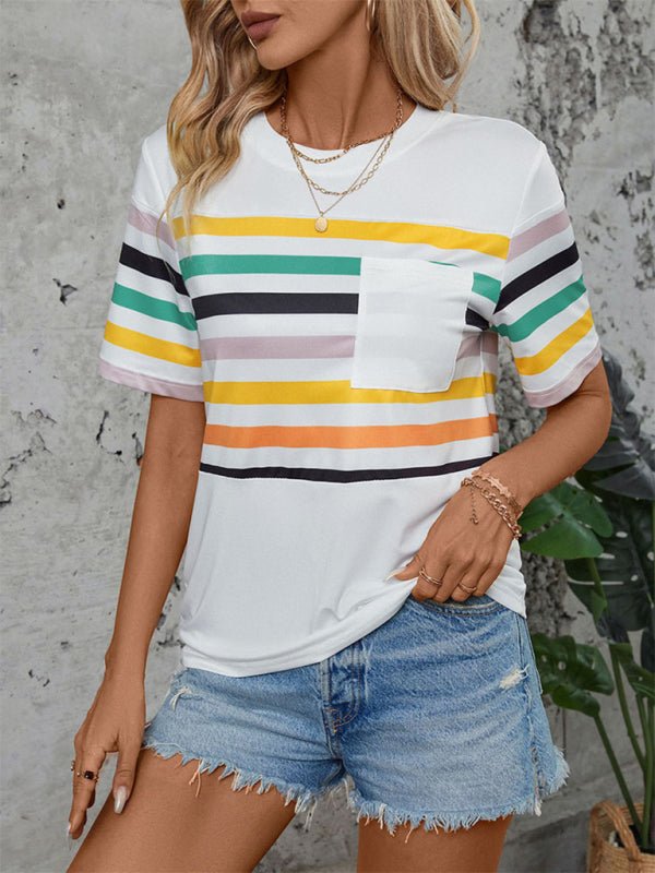 Women's Color Striped Short Sleeve T-Shirt - Top