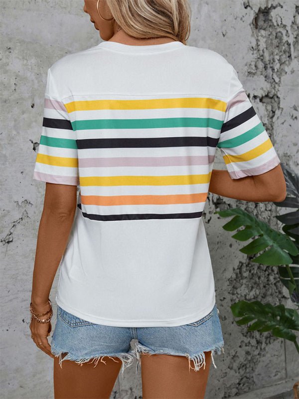 Women's Color Striped Short Sleeve T-Shirt - Top