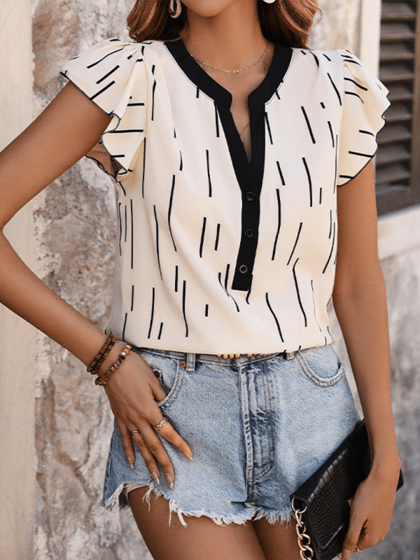 Women's Contrast Color Spliced Ruffle Sleeve Line Striped Shirt - Top