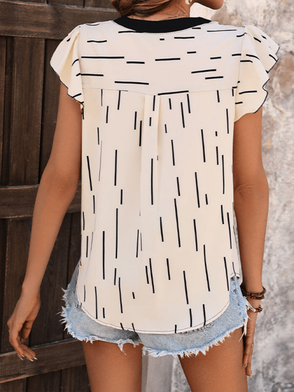 Women's Contrast Color Spliced Ruffle Sleeve Line Striped Shirt - Top