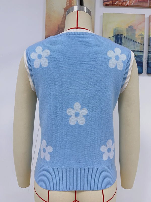 Women's Contrasting Color Jacquard V - Neck Sleeveless Knit Tank Top - Top