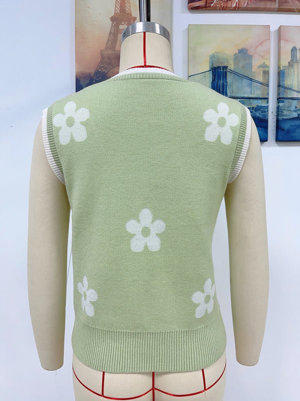 Women's Contrasting Color Jacquard V - Neck Sleeveless Knit Tank Top - Top