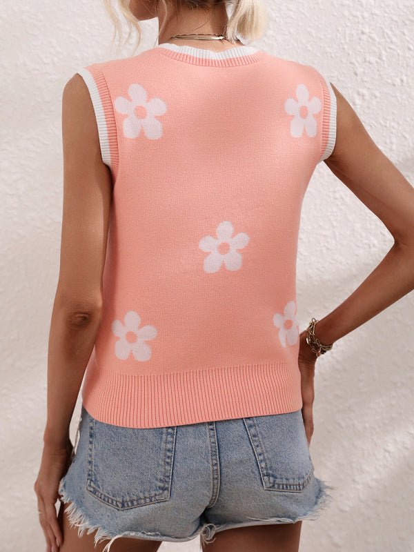 Women's Contrasting Color Jacquard V - Neck Sleeveless Knit Tank Top - Top