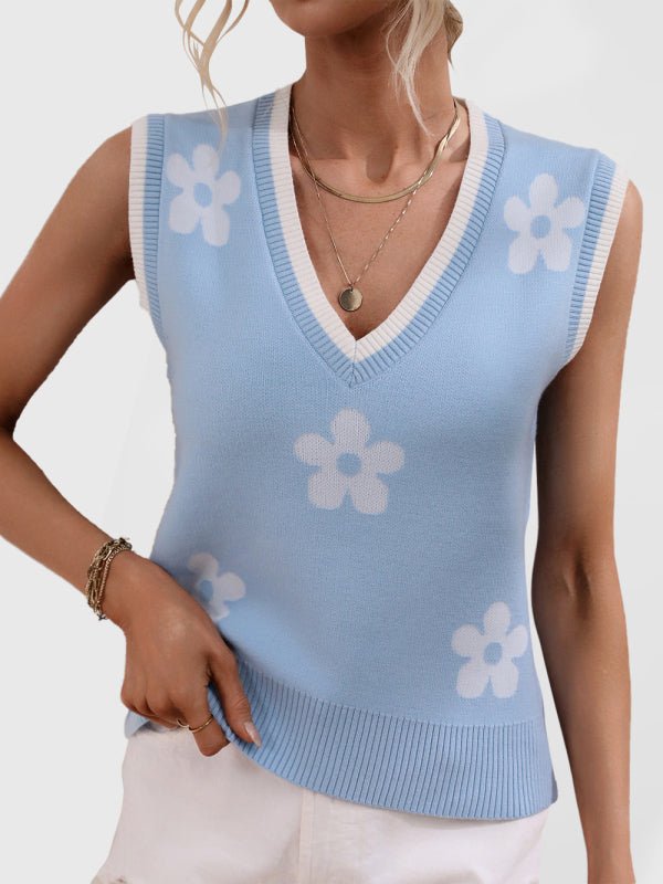 Women's Contrasting Color Jacquard V - Neck Sleeveless Knit Tank Top - Top