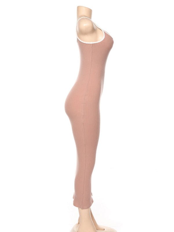 Women's Contrasting color suspender sexy open back slim dress - Casual Dress