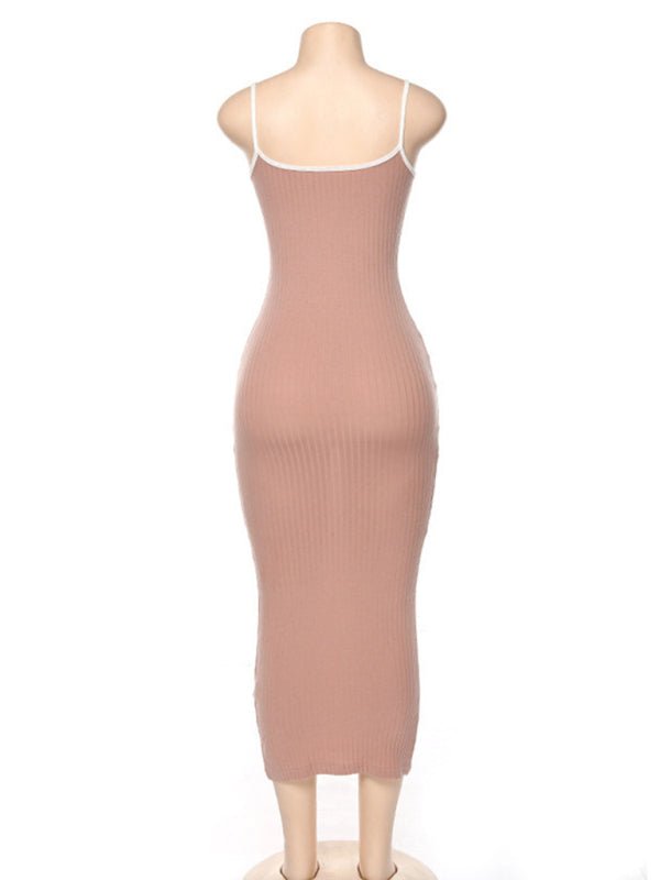 Women's Contrasting color suspender sexy open back slim dress - Casual Dress