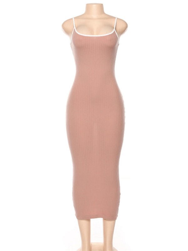 Women's Contrasting color suspender sexy open back slim dress - Casual Dress