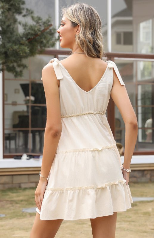 Women's Cotton Linen Solid Color Bow Knot Sling Dress - Casual Dress