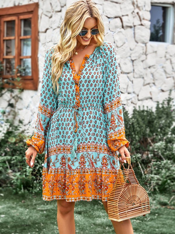 Women's Crew Neck Long Sleeve Boho Print Dress - Casual Dress