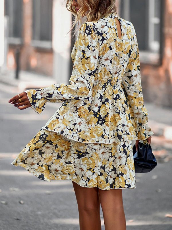 Women's Crew Neck Long Sleeve Boho Print Dress - Formal Dress