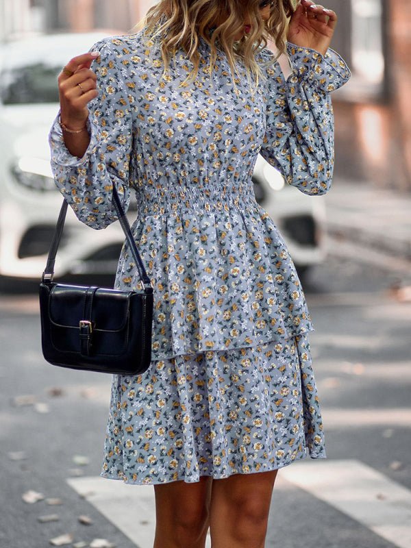 Women's Crew Neck Long Sleeve Boho Print Dress - Formal Dress