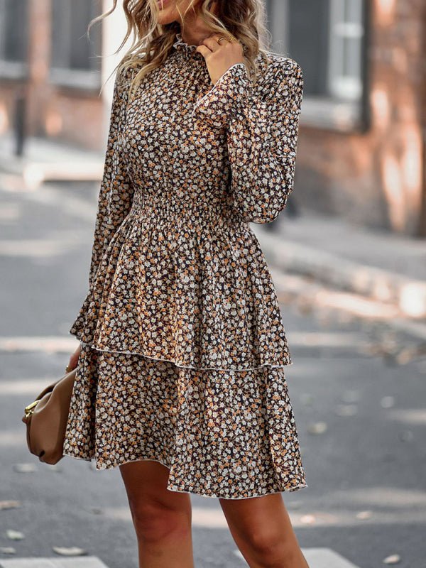 Women's Crew Neck Long Sleeve Boho Print Dress - Formal Dress