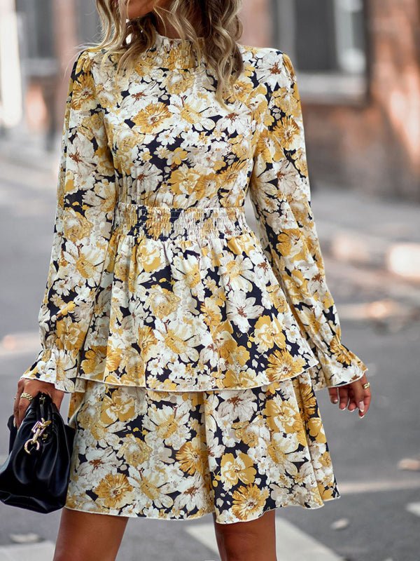 Women's Crew Neck Long Sleeve Boho Print Dress - Formal Dress