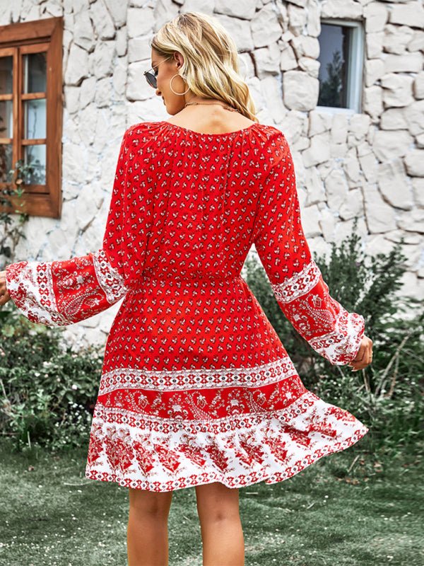 Women's Crew Neck Long Sleeve Boho Print Dress - Casual Dress
