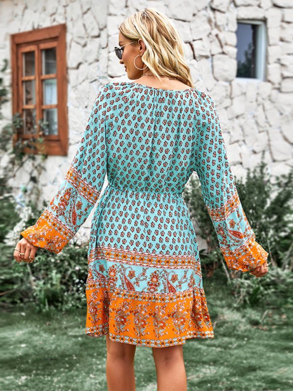 Women's Crew Neck Long Sleeve Boho Print Dress - Casual Dress