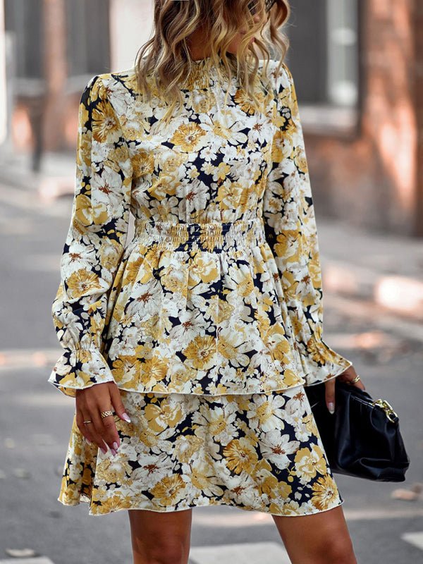 Women's Crew Neck Long Sleeve Boho Print Dress - Formal Dress