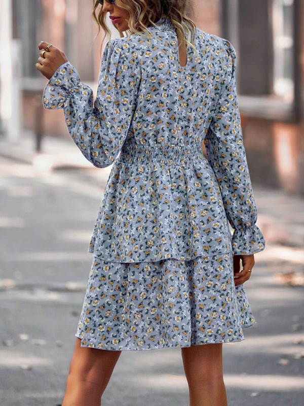 Women's Crew Neck Long Sleeve Boho Print Dress - Formal Dress