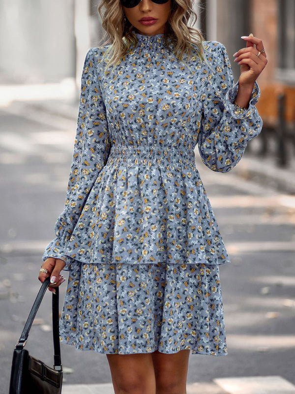 Women's Crew Neck Long Sleeve Boho Print Dress - Formal Dress