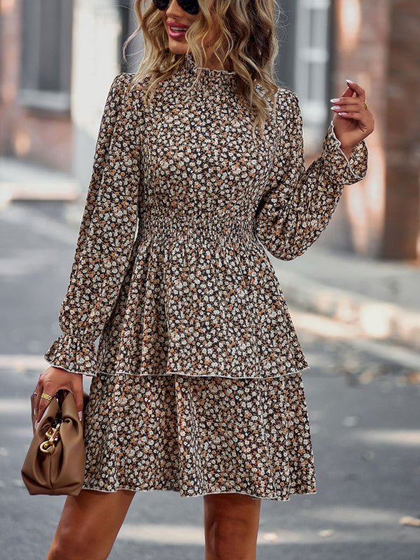 Women's Crew Neck Long Sleeve Boho Print Dress - Formal Dress