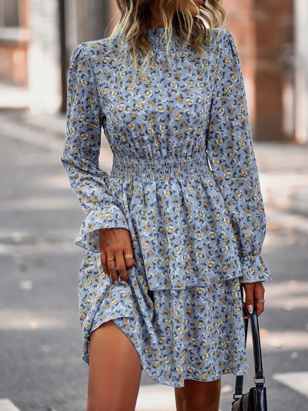 Women's Crew Neck Long Sleeve Boho Print Dress - Formal Dress