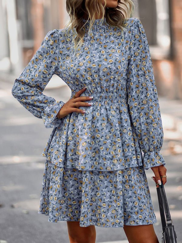 Women's Crew Neck Long Sleeve Boho Print Dress - Formal Dress