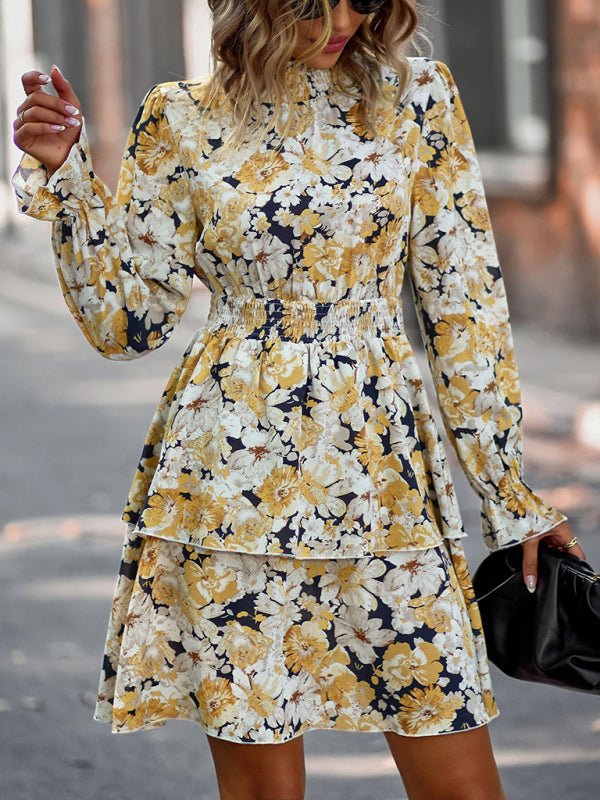 Women's Crew Neck Long Sleeve Boho Print Dress - Formal Dress
