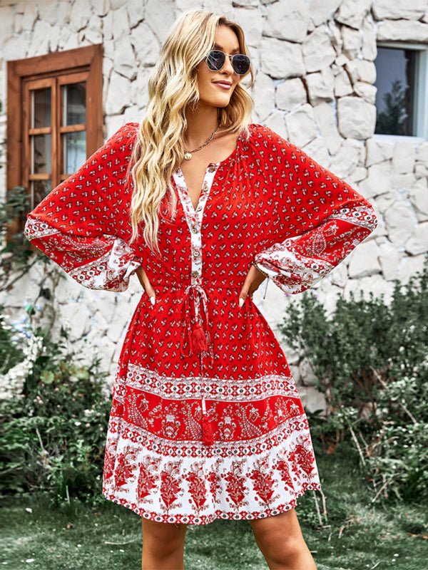 Women's Crew Neck Long Sleeve Boho Print Dress - Casual Dress