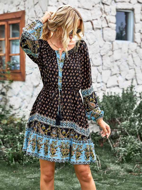 Women's Crew Neck Long Sleeve Boho Print Dress - Casual Dress